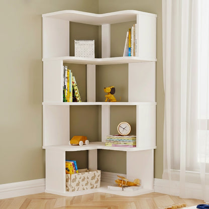 Four-tier white L-shaped corner bookshelf filled with books and toys in a children's playroom