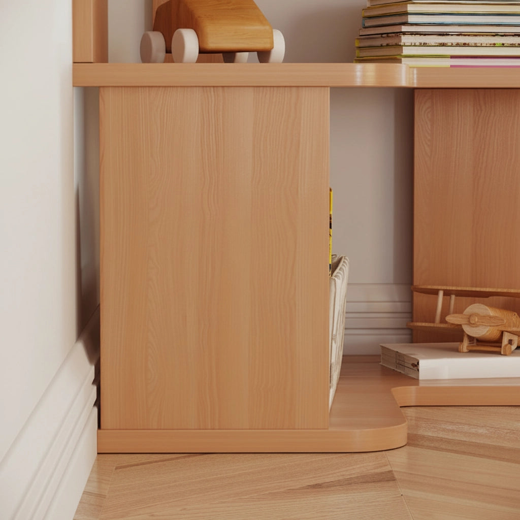 Close-up detail of the lower shelf structure and base of the L-shaped corner bookshelf on a wood floor