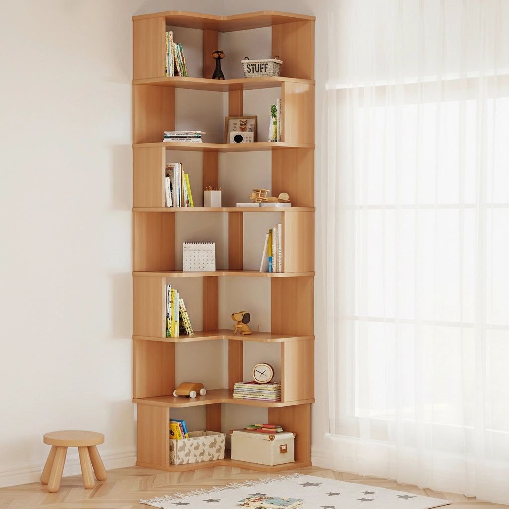 Tall seven-tier L-shaped corner bookshelf in a natural wood finish holding books and toys beside a window
