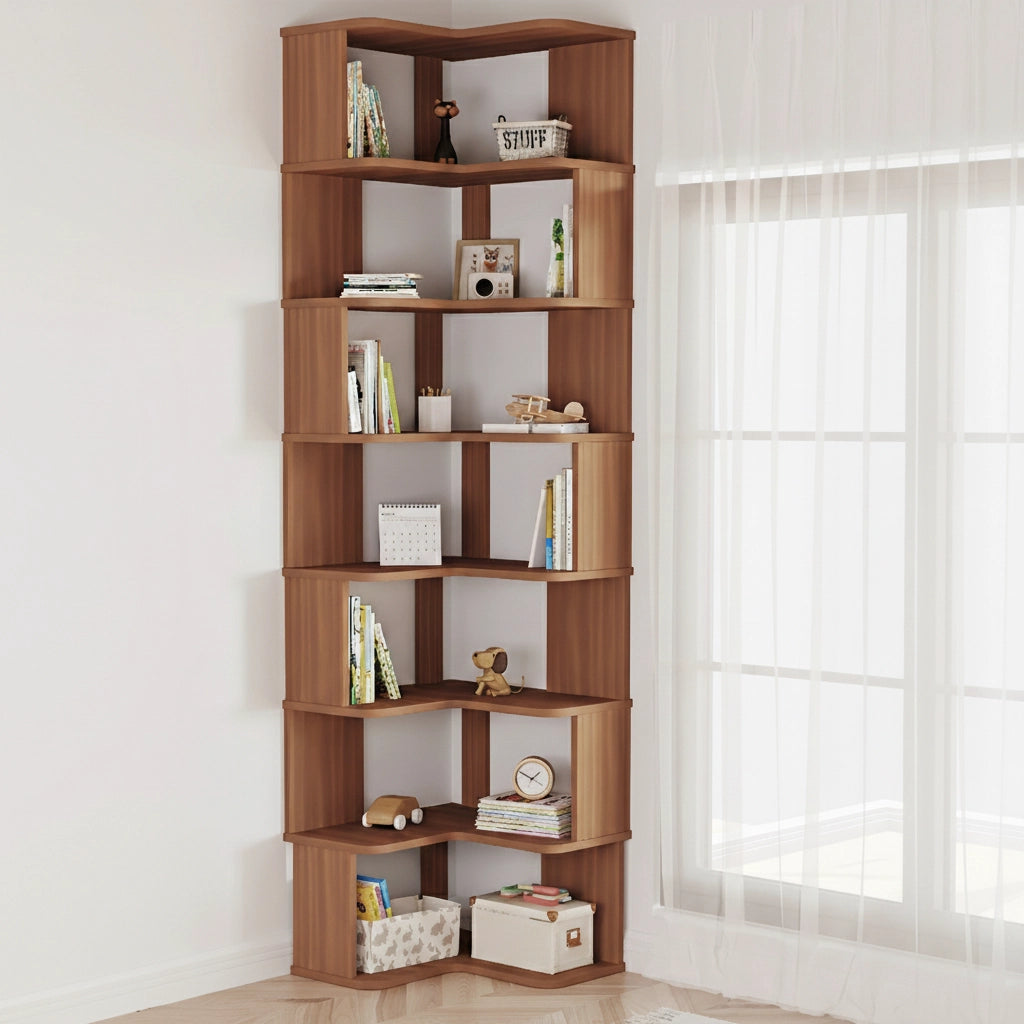 Tall seven-tier walnut L-shaped corner bookshelf holding children's books and toys on a wood floor