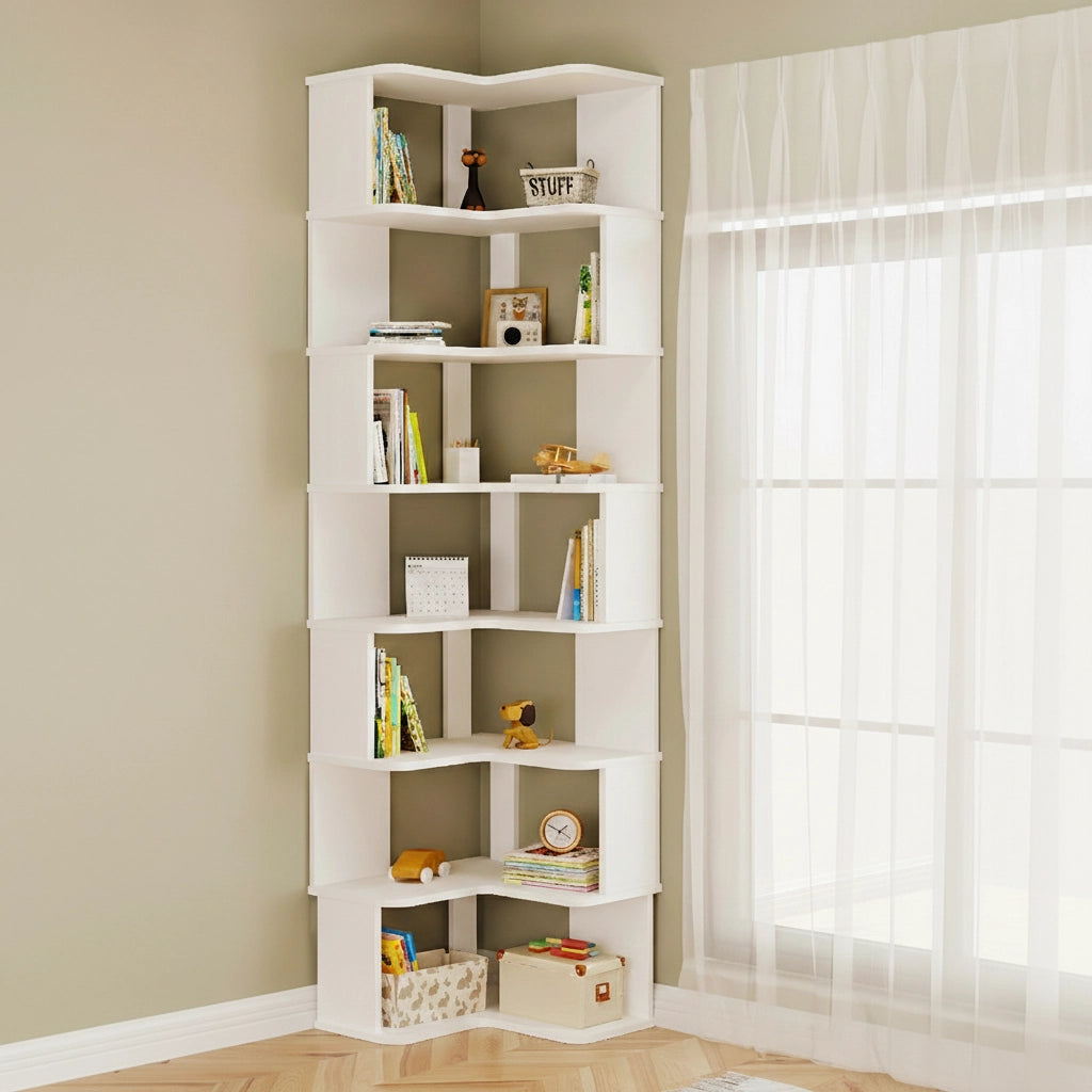 Seven-tier white L-shaped corner bookshelf filled with books and toys against a light green wall