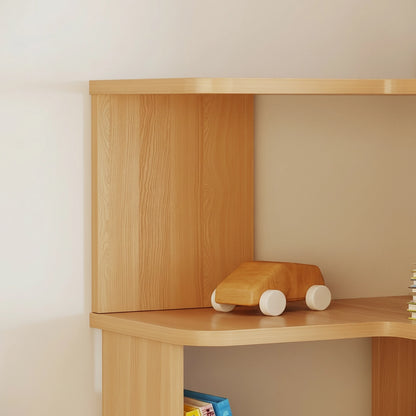 Close-up view of the pine-core engineered wood grain on a shelf tier holding a small wooden toy car