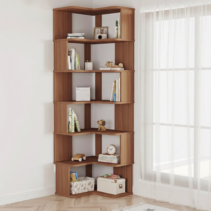 Six-tier walnut L-shaped corner bookshelf displaying books and decorative toys in a playroom corner