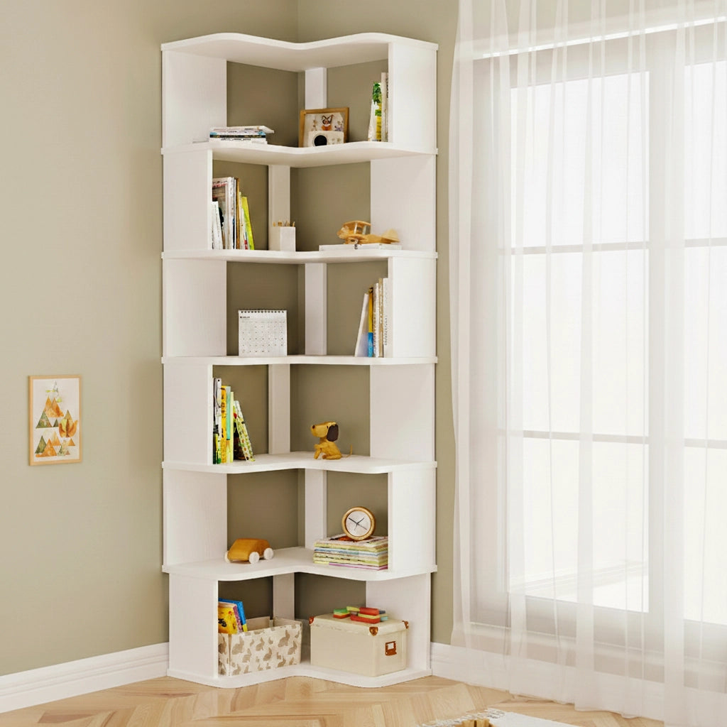 Six-tier white L-shaped corner bookshelf holding books and toys beside a large window