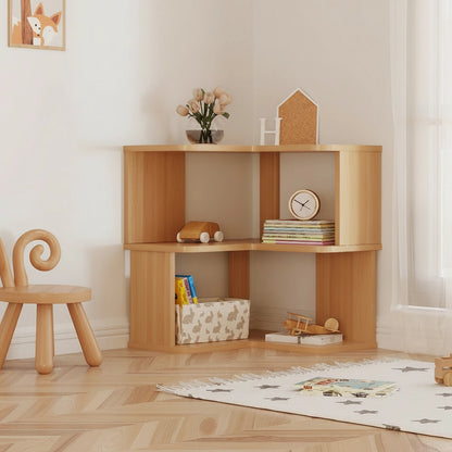Front view of a three-tier pine-core engineered wood corner bookshelf decorated with a vase of flowers and books