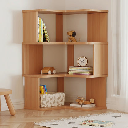 Three-tier L-shaped corner bookshelf in a natural wood finish holding books and toys in a playroom corner