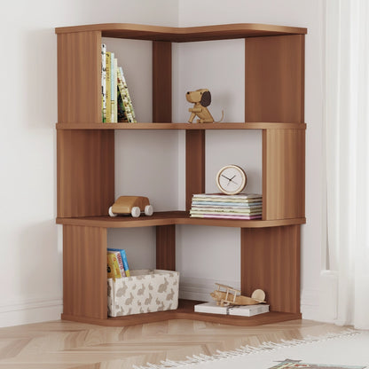 Three-tier walnut L-shaped corner bookshelf displaying books and wooden toys on a wood floor