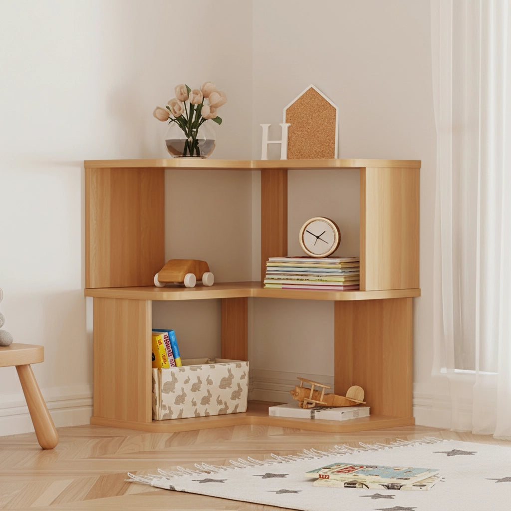 Angled view of a two-tier L-shaped corner bookshelf in a natural wood finish holding books and toys