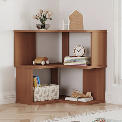Angled view of a walnut-finished two-tier L-shaped corner bookshelf with books and toys