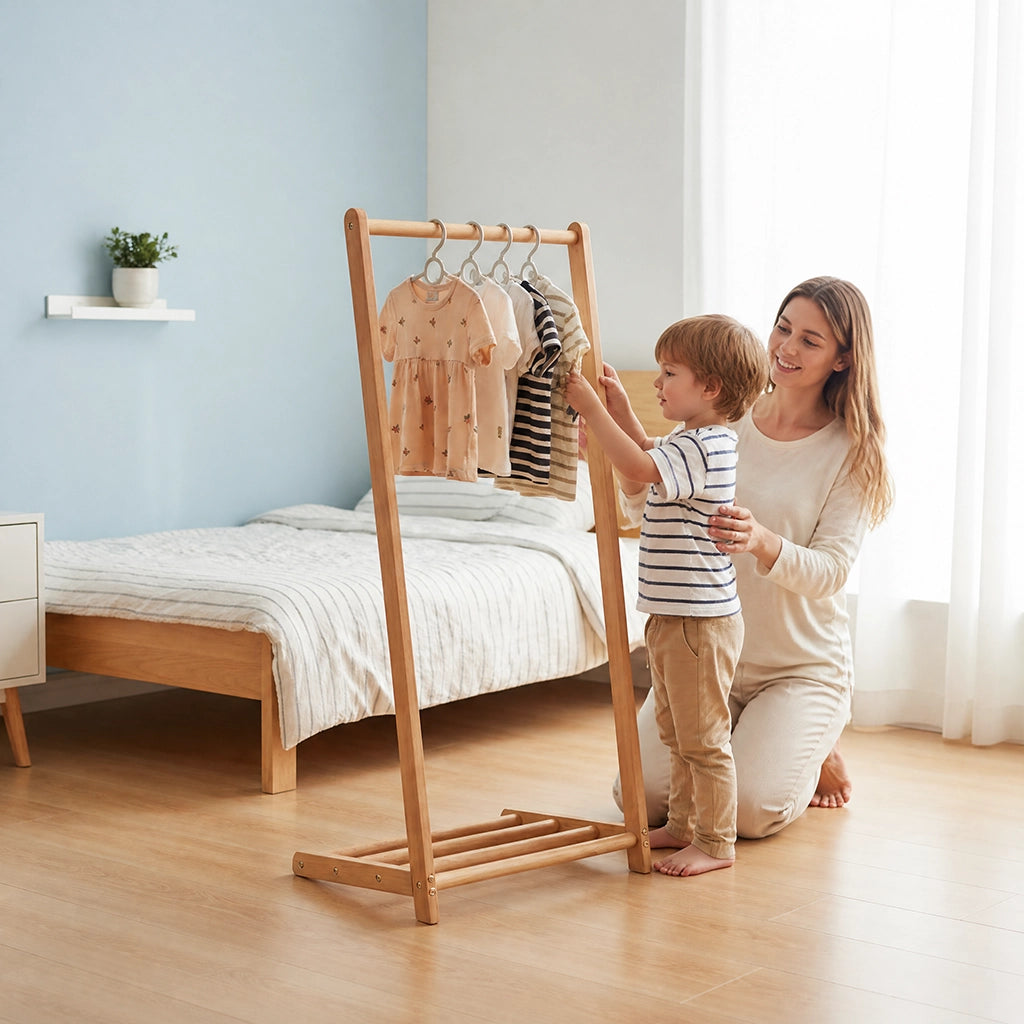 Angled view of a solid wood kids clothing rack with a child and mother in a bedroom setting