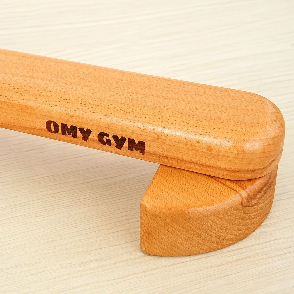 Close-up view of the wooden balance beam joint interlocking with a semi-circular base