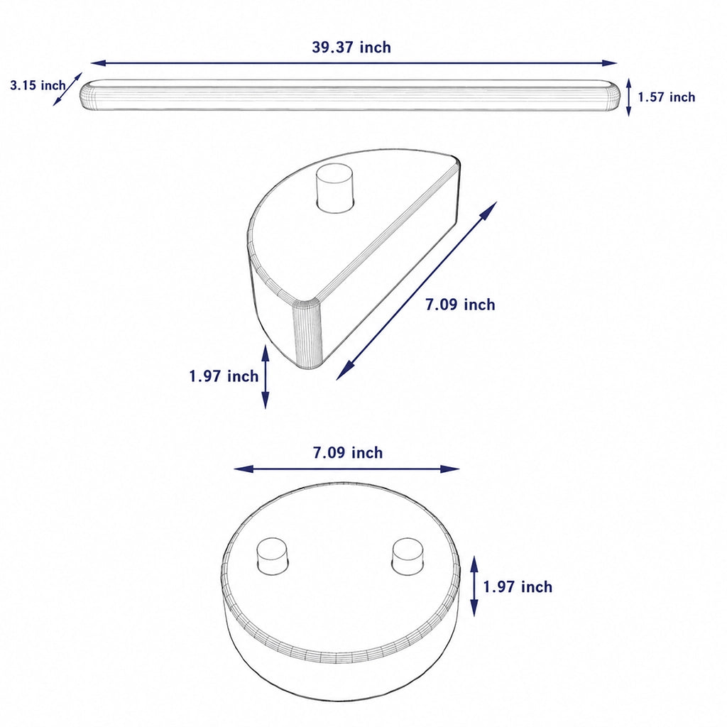 Dimension diagram showing beam length of 39.37 inches and base connectors measuring 7.09 inches wide
