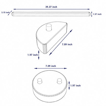 Dimension diagram showing beam length of 39.37 inches and base connectors measuring 7.09 inches wide