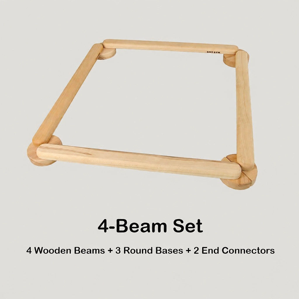 Diagram of the 4-beam set showing 4 wooden beams arranged in a square with base connectors