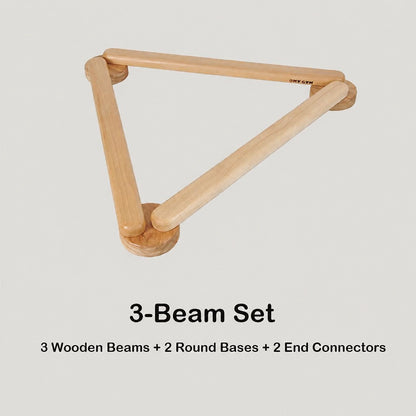 Diagram of the 3-beam set showing 3 wooden beams arranged in a triangle with base connectors