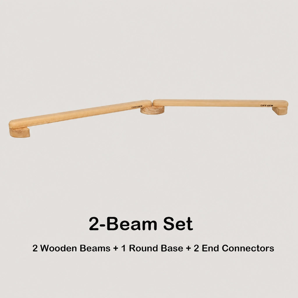 Diagram of the 2-beam set showing 2 wooden beams, 1 round base, and 2 end connectors