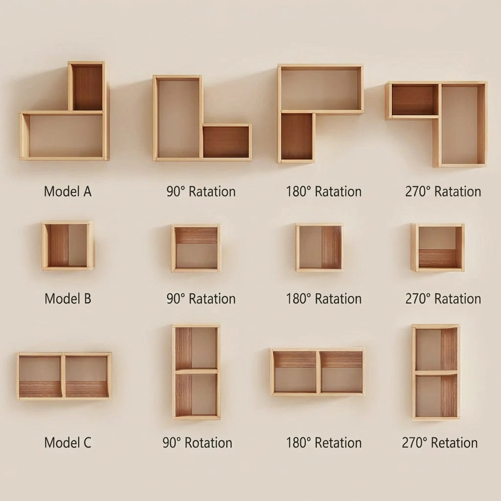 Diagram showing rotation options and layout configurations for Model A, Model B, and Model C modular storage cubes