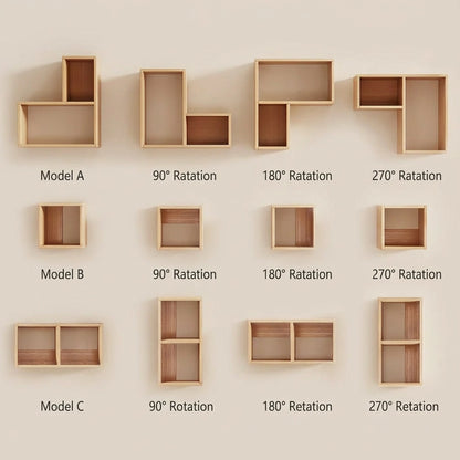 Diagram showing rotation options and layout configurations for Model A, Model B, and Model C modular storage cubes