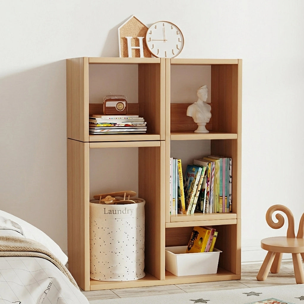 Vertical configuration of solid pine storage cubes holding books and a fabric laundry basket next to a kids chair