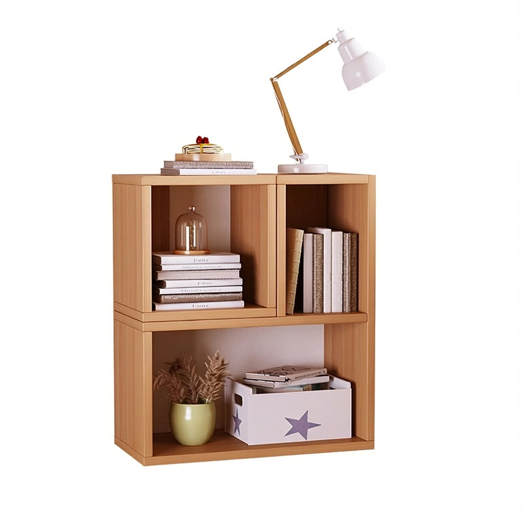 Modular solid pine storage cubes with a white desk lamp and a star pattern storage box on a white background