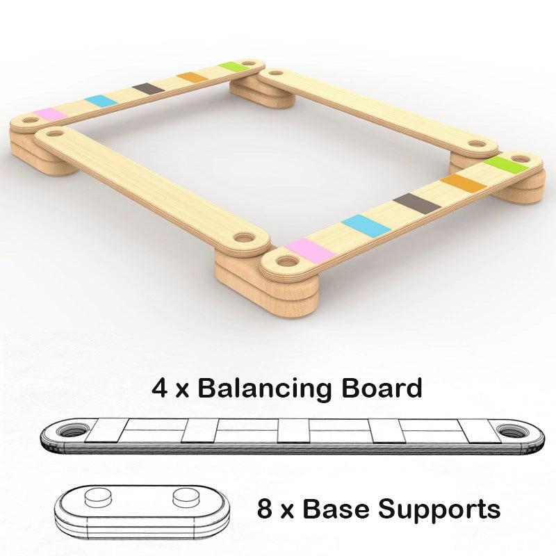Diagram showing 4 balancing boards and 8 base supports on a white background