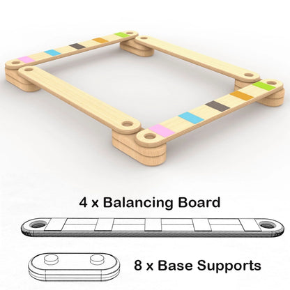 Diagram showing 4 balancing boards and 8 base supports on a white background