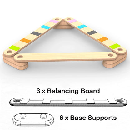 Diagram showing 3 balancing boards and 6 base supports on a white background