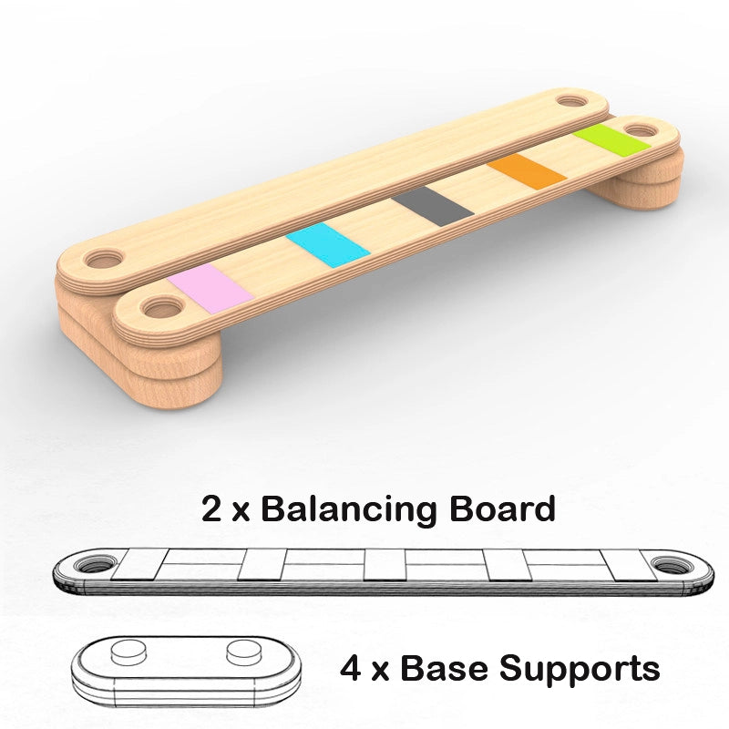 Diagram showing 2 balancing boards and 4 base supports on a white background