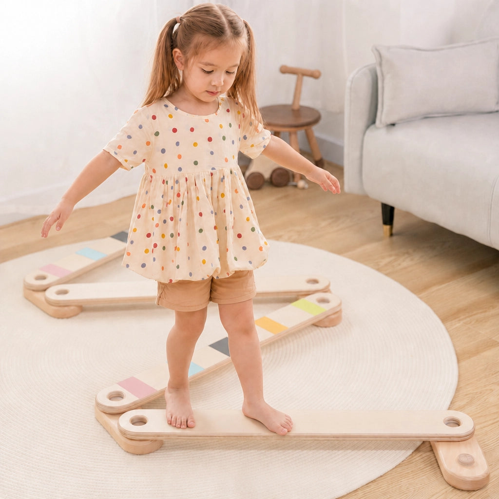 Girl walking along a zigzag wooden balance beam set on a round rug