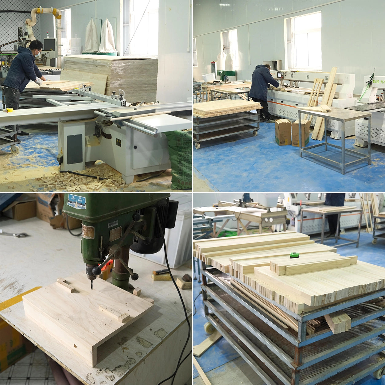 Wood furniture parts being cut, drilled, prepared, and organized in a production workshop.