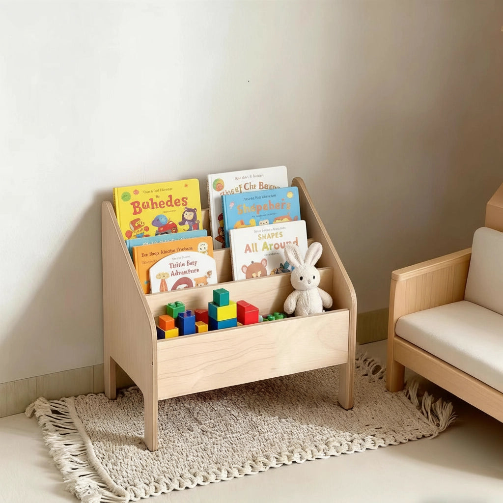 Montessori bookshelf and toy storage bin holding children's books, colorful building blocks, and a plush rabbit