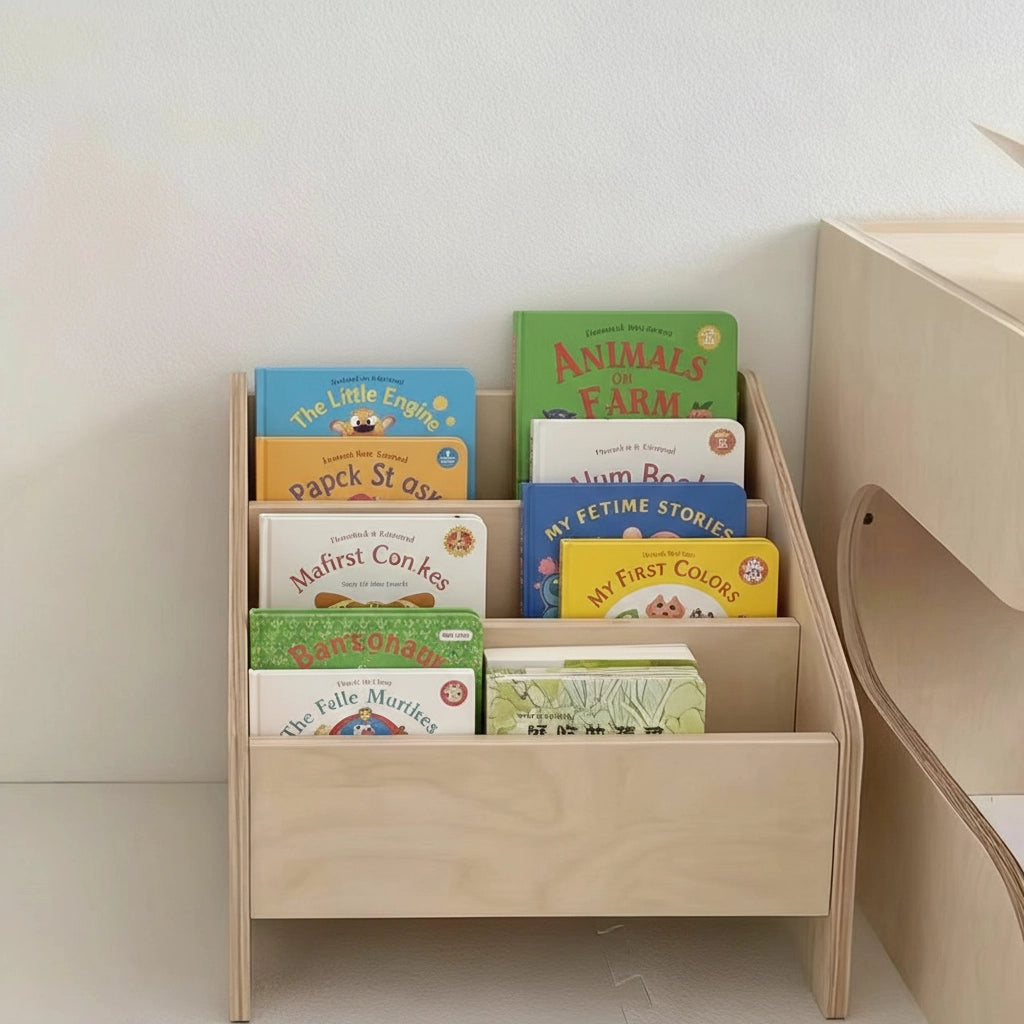 Front view of the Montessori bookshelf filled with colorful children's picture books