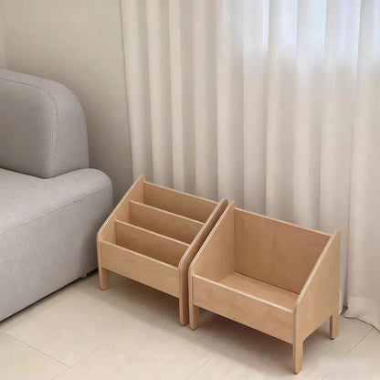 Two matching wooden Montessori storage units including a tiered bookshelf and an open toy storage bin