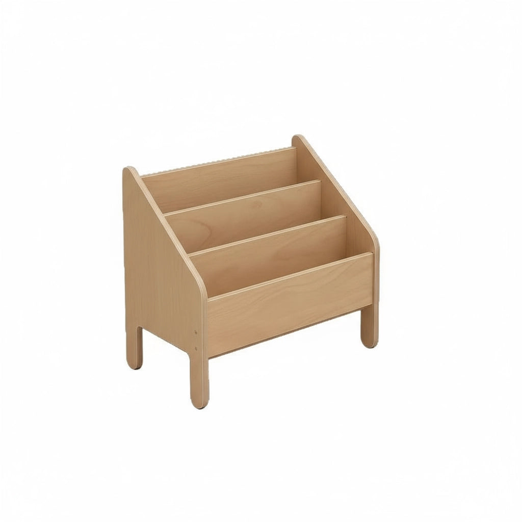 Studio shot of the empty three-tier front-facing Montessori bookshelf isolated on a white background