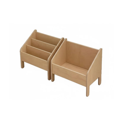 Studio shot of the Montessori bookshelf and open toy storage bin set isolated on a white background