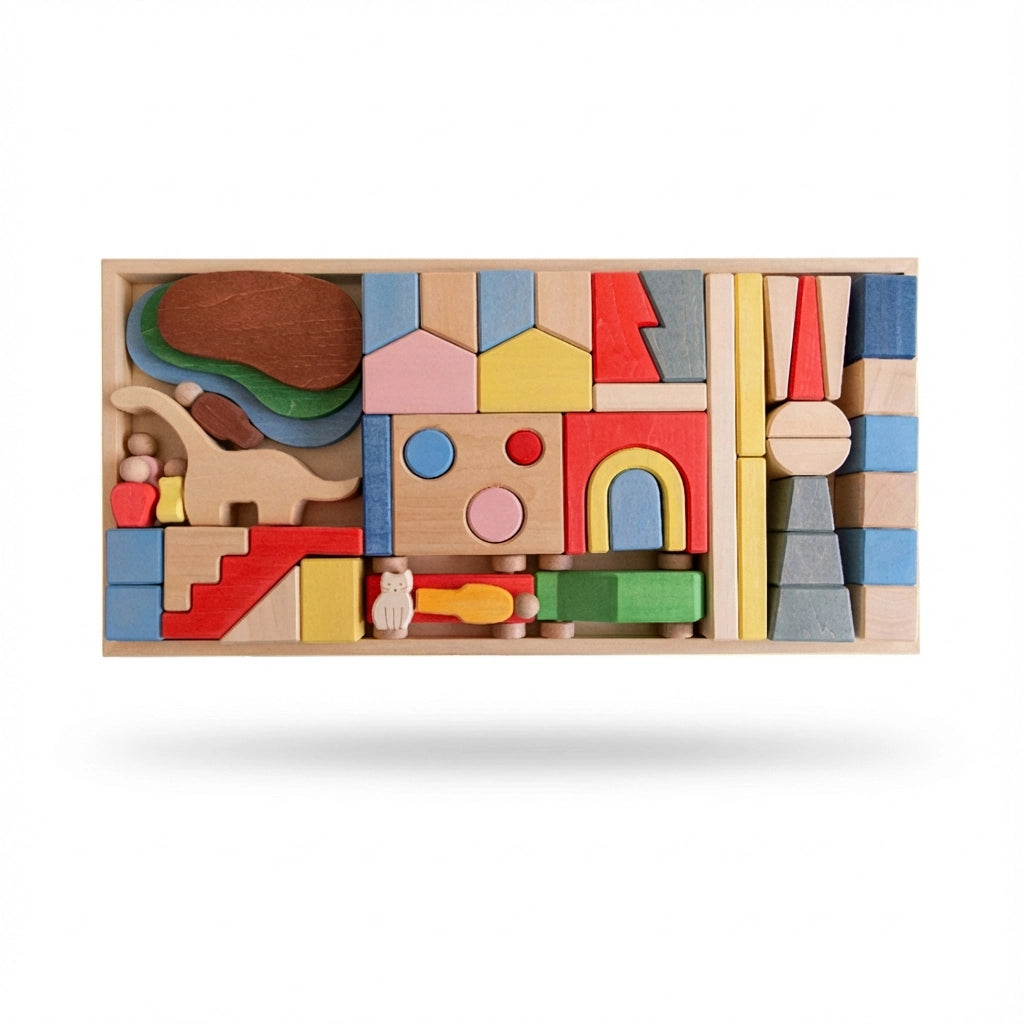 Direct overhead view of the Montessori city building blocks set packed perfectly inside a wooden tray