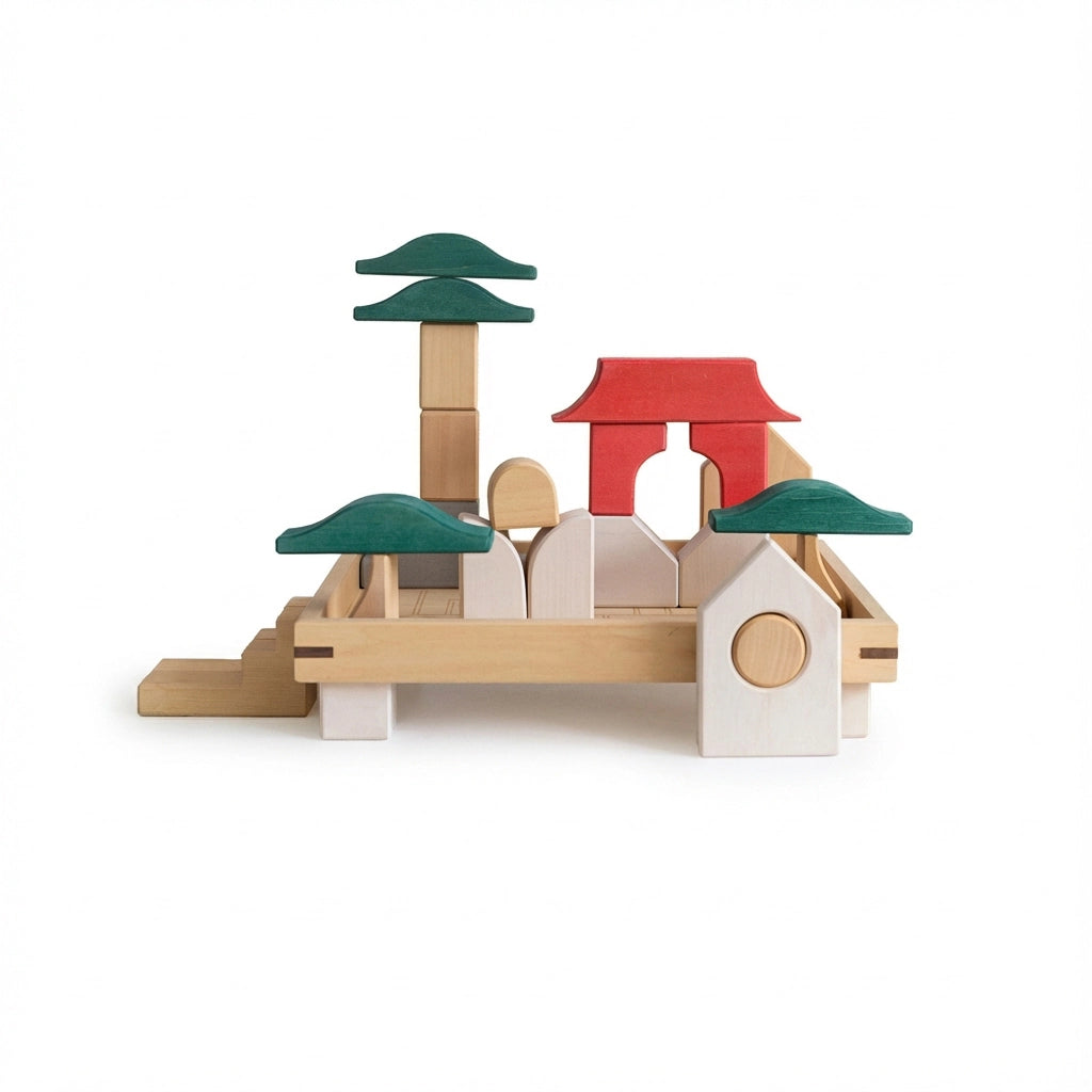 Architectural temple structure assembled from the solid wood blocks set on a clean white background