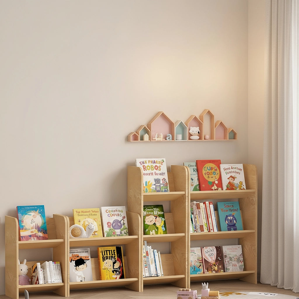 Angled view of multiple plywood book racks holding colorful picture books in a playroom layout