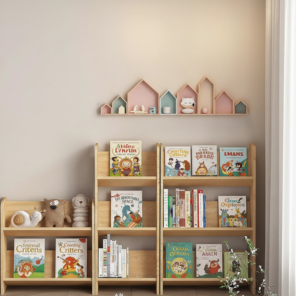 Front view of plywood Montessori front-facing book racks of varying sizes filled with children's books