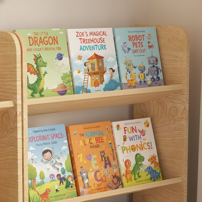 Close-up of a plywood book rack displaying illustrated storybooks across front-facing storage tiers
