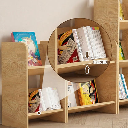 Close-up graphic showing a 0.6-inch shelf thickness detail on the plywood Montessori book rack