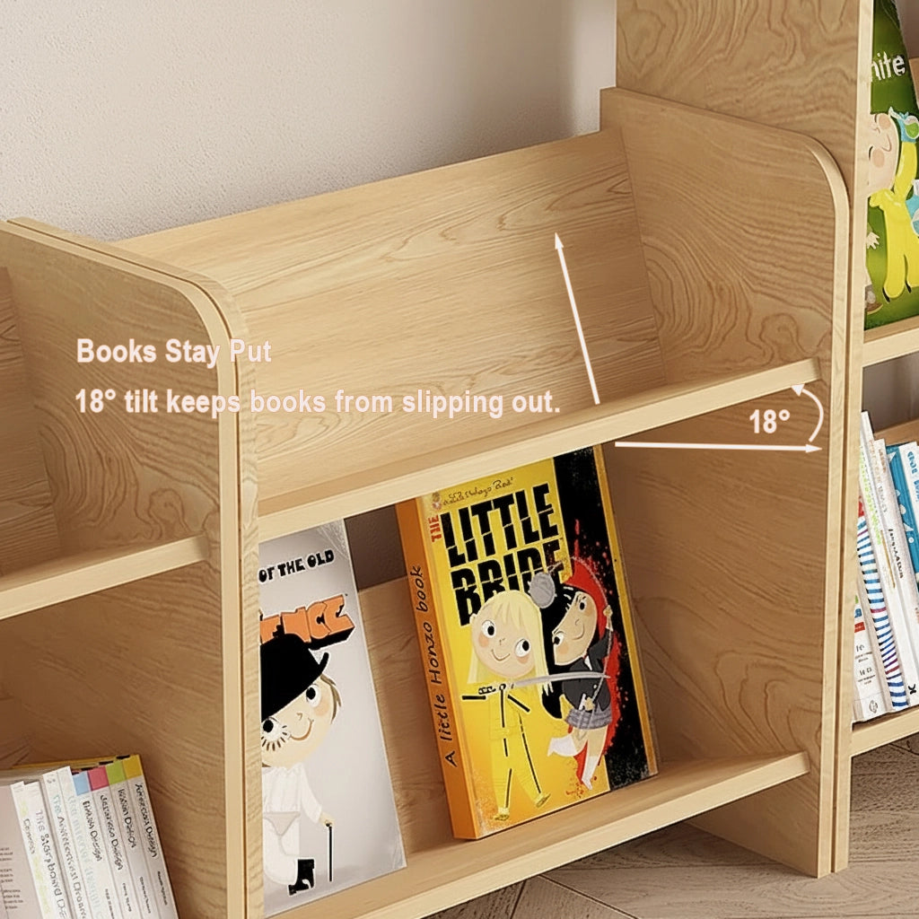 Detail diagram illustrating an 18-degree tilt design that keeps books from slipping off the shelves