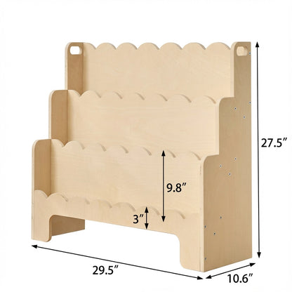 Dimension diagram of the plywood toddler bookshelf showing width 29.5, height 27.5, and depth 10.6 inches