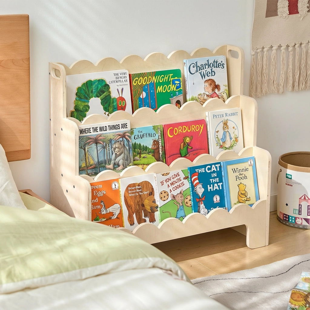 Lower-angled view of a filled plywood Montessori toddler bookshelf beside a child's bed with a comforter