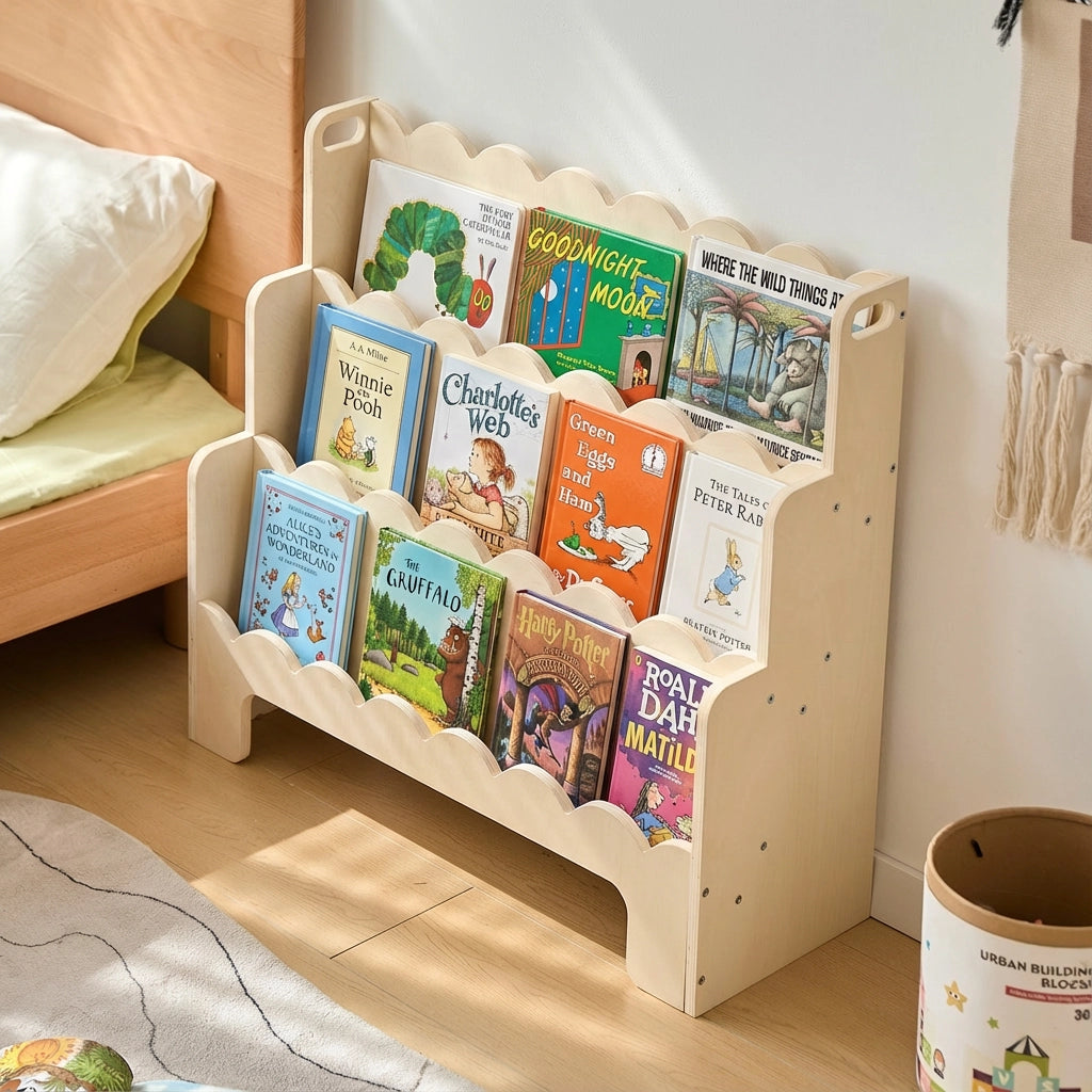Higher-angled view of a filled plywood Montessori toddler bookshelf showing the side profile and top handle