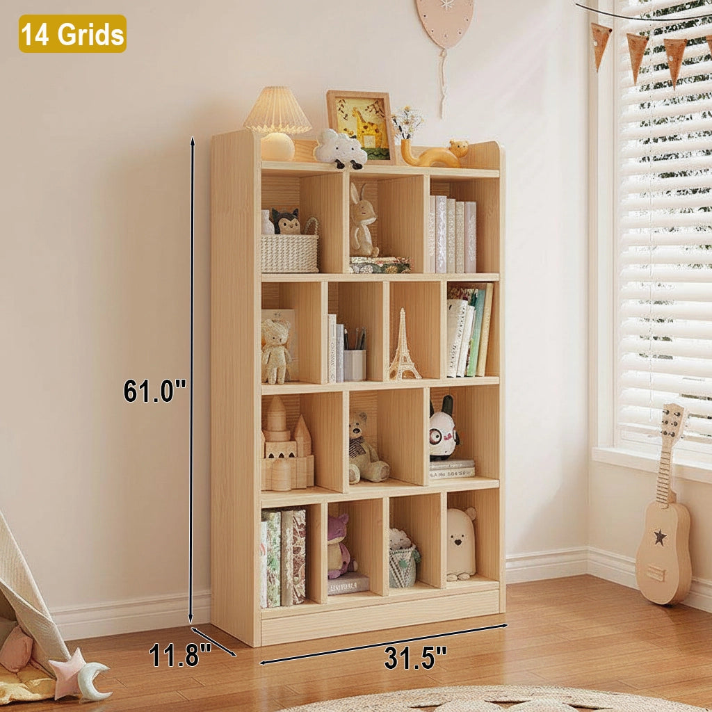 Solid pine Montessori kids storage cabinet measuring 31.5 inches wide, 11.8 inches deep, and 61.0 inches high