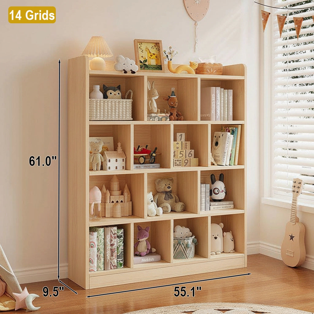 Solid pine storage cabinet displaying books, measuring 55.1 inches wide, 9.5 inches deep, and 61.0 inches high