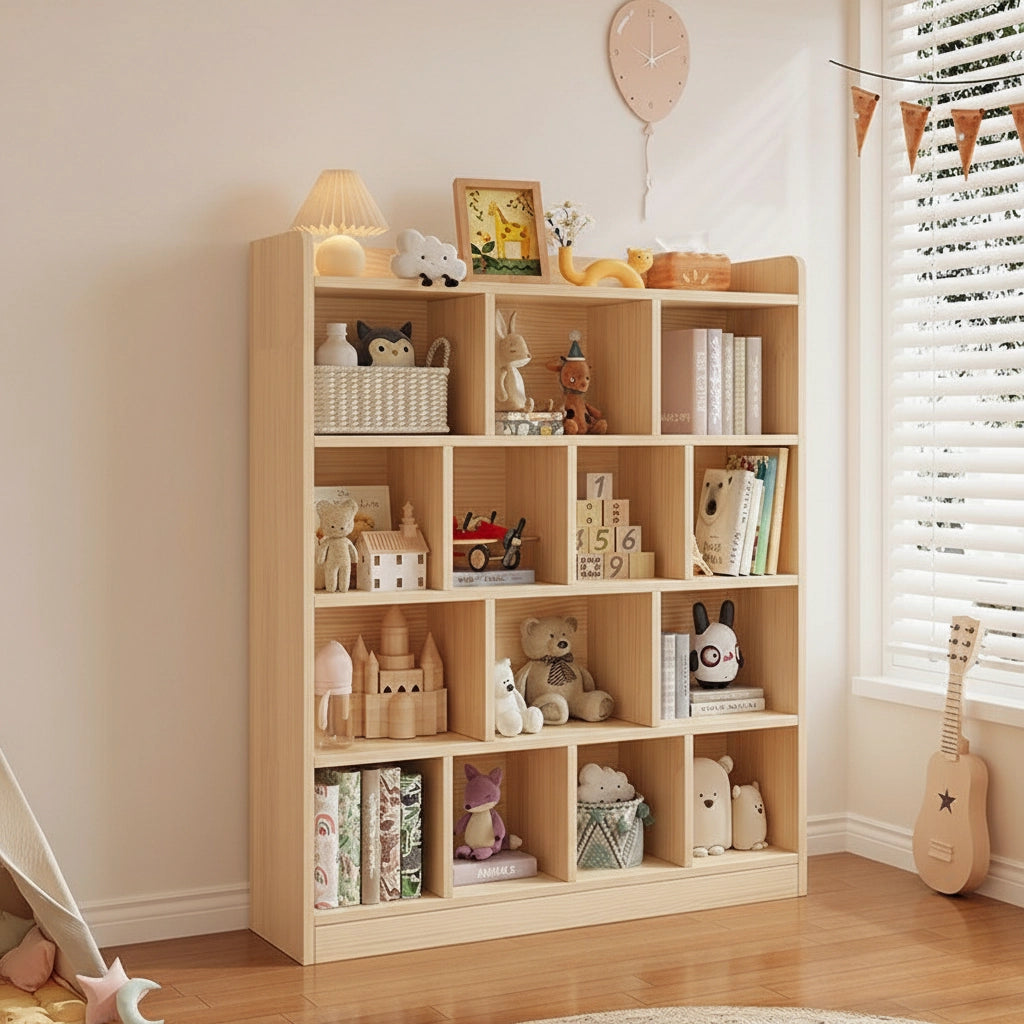 Three-quarter view of the solid pine storage cabinet showing a red toy car on the shelf