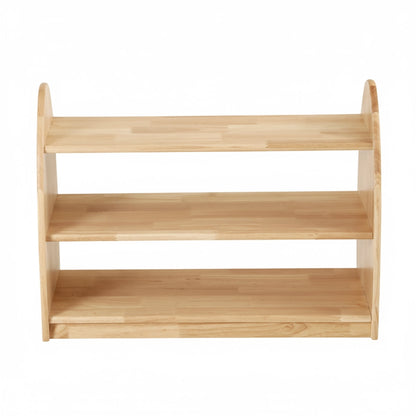 Front view of an empty three-tier Montessori kids toy shelf made of solid rubberwood on a white background