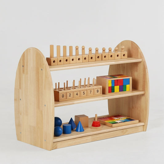 Angled view of a solid rubberwood Montessori kids toy shelf filled with wooden educational blocks and sorting toys